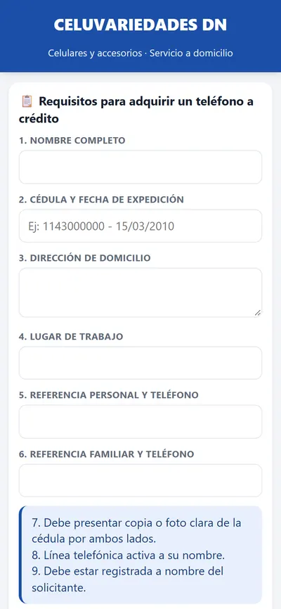 Formulario de solicitud de crédito de Celuvariedades DN